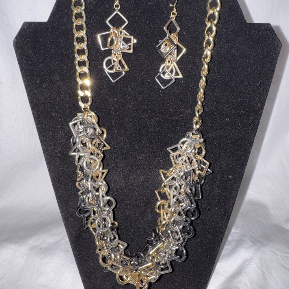 Gold & Silver Geometric Necklace and Earring Set – Modern Mixed‑Metal Jewelry
